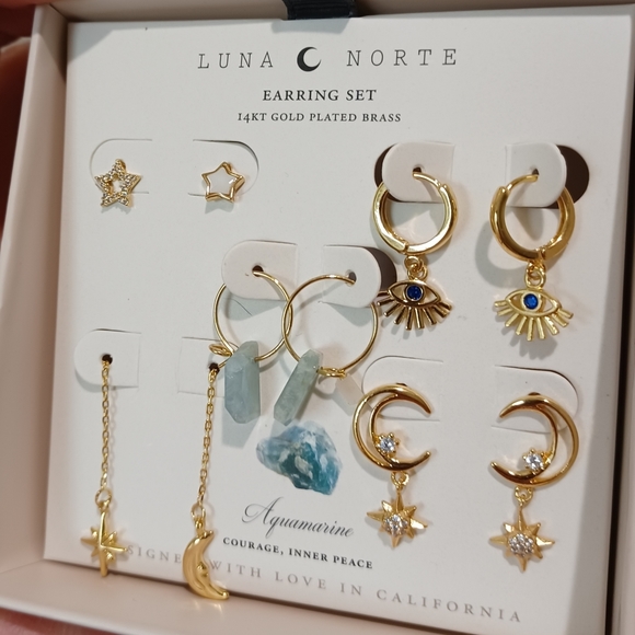 5 PAIRS OF EARRINGS BY LUNA NORTE GOLD PLATED AQUAMARINE GEMSTONES BRAND NEW - Picture 2 of 11